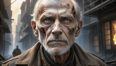 HQ,looking at viewer,short hair,1boy,brown eyes,closed mouth,jacket,yellow eyes,white hair,male focus,outdoors,multiple boys,solo focus,2boys,coat,military,facial hair,scar,fire,building,portrait,beard,serious,city,realistic,mustache,bald,manly,old,old man,wrinkled skin,blurry,lips,blurry background,3boys,close-up,brown jacket