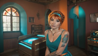 1girl,solo,breasts,looking at viewer,smile,short hair,large breasts,brown hair,dress,cleavage,bare shoulders,brown eyes,jewelry,medium breasts,sitting,collarbone,upper body,braid,hairband,earrings,sleeveless,indoors,necklace,orange hair,lips,window,tattoo,makeup,blue dress,chair,table,realistic,nose,arm tattoo,shoulder tattoo,stained glass,tank top