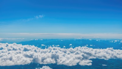 monochrome,outdoors,sky,day,cloud,water,blue sky,no humans,ocean,cloudy sky,scenery,blue theme,horizon,landscape,above clouds