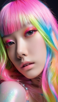 1girl,solo,long hair,looking at viewer,open mouth,bangs,simple background,brown eyes,jewelry,pink hair,multicolored hair,parted lips,green hair,teeth,blunt bangs,necklace,black eyes,lips,eyelashes,gradient hair,makeup,watermark,lipstick,black background,portrait,close-up,eyeshadow,pink lips,realistic,nose,eyeliner,colorful,rainbow hair,blonde hair,bare shoulders,blue hair,artist name,streaked hair,gem,web address,light particles,mascara