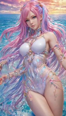 1girl,solo,long hair,breasts,looking at viewer,smile,bangs,blue eyes,large breasts,hair ornament,bare shoulders,jewelry,medium breasts,very long hair,swimsuit,pink hair,thighs,multicolored hair,cowboy shot,earrings,outdoors,sky,shiny,cloud,water,nail polish,bracelet,lips,wet,one-piece swimsuit,covered navel,ocean,highleg,beach,ring,armlet,sunset,white one-piece swimsuit,cleavage,closed mouth,standing,artist name,necklace,leotard,see-through,dutch angle,watermark,cloudy sky,gem,skin tight,realistic,splashing,waves