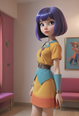 1girl,solo,breasts,looking at viewer,blush,short hair,bangs,skirt,shirt,dress,brown eyes,jewelry,closed mouth,blue hair,standing,purple hair,short sleeves,cowboy shot,small breasts,belt,artist name,indoors,signature,blunt bangs,nail polish,black eyes,bracelet,from side,lips,fingernails,looking to the side,makeup,chair,short dress,bob cut,brooch,wristband,gem,couch,black belt,nose,arms at sides,bracer,yellow dress,poster (object),eyelashes,watermark,web address,buckle,wooden floor,painting (object)