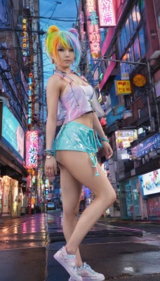 1girl,solo,breasts,looking at viewer,short hair,blue eyes,skirt,blonde hair,navel,cleavage,bare shoulders,jewelry,medium breasts,blue hair,standing,full body,ponytail,pink hair,multicolored hair,earrings,small breasts,outdoors,shoes,shorts,midriff,nail polish,bracelet,two-tone hair,lips,streaked hair,crop top,see-through,legs,short shorts,bare legs,aqua hair,night,piercing,white footwear,tank top,building,sneakers,camisole,reflection,walking,watch,city,sign,realistic,wristwatch,road,street,cyberpunk,neon lights,crosswalk,bangs,thighs,parted lips,green hair,sky,solo focus,choker,miniskirt,necklace,collar,blue skirt,makeup,ring,ear piercing,eyeshadow,tube top,power lines,colorful,rainbow hair