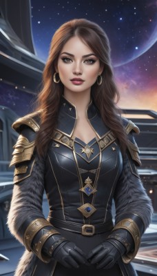 1girl,solo,long hair,breasts,looking at viewer,brown hair,gloves,long sleeves,cleavage,brown eyes,jewelry,medium breasts,earrings,sky,black gloves,belt,armor,lips,coat,fur trim,makeup,lipstick,shoulder armor,gauntlets,star (sky),starry sky,pauldrons,hoop earrings,realistic,nose,red lips,space,planet,upper body,parted lips,artist name