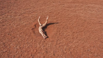 solo,1boy,nude,outdoors,wings,no humans,shadow,animal,scenery,brown theme,1girl,monochrome,male focus,lying,barefoot,on back,completely nude,blood,from above,orange theme