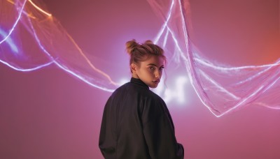 1girl,solo,looking at viewer,short hair,brown hair,1boy,brown eyes,closed mouth,upper body,male focus,looking back,hair bun,from behind,black shirt,single hair bun,curtains,dark skin,lips,gradient,gradient background,pink background,realistic,nose