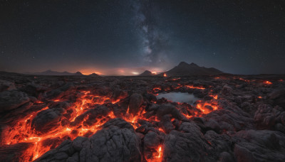 outdoors, sky, no humans, night, fire, star (sky), night sky, scenery, starry sky, rock, mountain, landscape, molten rock