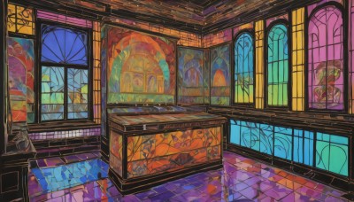 indoors,no humans,window,scenery,reflection,stairs,tiles,tile floor,pillar,statue,colorful,stained glass,church,broken window,table,instrument,glass,piano