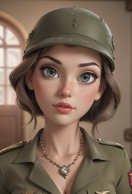 1girl,solo,breasts,looking at viewer,short hair,blue eyes,brown hair,hat,cleavage,jewelry,medium breasts,green eyes,collarbone,upper body,parted lips,teeth,artist name,indoors,necklace,blurry,uniform,lips,grey eyes,military,eyelashes,window,military uniform,depth of field,blurry background,helmet,portrait,pendant,freckles,pocket,realistic,breast pocket,badge,blush,shirt,earrings,mole,thick eyebrows,nose,dog tags,military jacket,world war ii