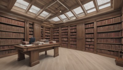 indoors,book,no humans,window,shadow,chair,table,scenery,desk,wooden floor,paper,bookshelf,lamp,shelf,book stack,library,ceiling,ladder,ceiling light