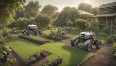 weapon,flower,outdoors,multiple boys,day,tree,gun,military,no humans,window,grass,plant,robot,ground vehicle,building,nature,scenery,mecha,motor vehicle,forest,military vehicle,car,road,bush,house,tank,vehicle focus,machine gun,soldier,truck,garden,sunlight,science fiction,motorcycle