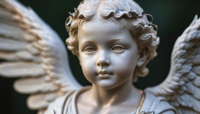 solo,looking at viewer,short hair,blonde hair,simple background,1boy,brown eyes,closed mouth,collarbone,male focus,wings,artist name,signature,blurry,depth of field,watermark,halo,expressionless,black background,portrait,feathered wings,androgynous,curly hair,angel wings,realistic,white wings,angel,head wreath,lips,child,male child