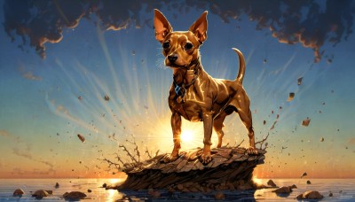 HQ,solo,standing,full body,outdoors,sky,day,cloud,water,blue sky,no humans,ocean,animal,sunset,dog,rock,sand,sun,explosion,animal focus,debris,looking at viewer,collar,watermark