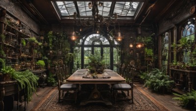 day,indoors,tree,book,no humans,window,chair,table,sunlight,plant,scenery,desk,wooden floor,stairs,fantasy,clock,bookshelf,potted plant,lamp,ruins,vines,stool,pillar,gears,ceiling,arch,ceiling light,chandelier,overgrown,cloud,lantern,candle,carpet,candlestand,rug