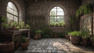 flower,outdoors,day,indoors,tree,no humans,window,sunlight,plant,scenery,door,potted plant,ruins,vines,brick wall,flower pot,barrel,bush,arch