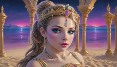 1girl,solo,long hair,looking at viewer,blush,smile,blue eyes,blonde hair,brown hair,bare shoulders,jewelry,closed mouth,collarbone,ponytail,earrings,outdoors,sky,water,necklace,mole,lips,eyelashes,mole under eye,makeup,night,ocean,beach,tiara,crown,lipstick,gem,portrait,star (sky),eyeshadow,starry sky,circlet,pillar,gold,mascara,purple sky,upper body,artist name,wavy hair,night sky,sunset,pink lips,realistic,nose,sand,horizon,eyeliner,column