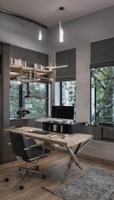 indoors,tree,book,no humans,window,chair,table,plant,scenery,desk,wooden floor,bookshelf,lamp,computer,television,monitor,shelf,laptop,ceiling,carpet,ceiling light,day,bed,paper,keyboard (computer),office chair,speaker,mouse (computer),office