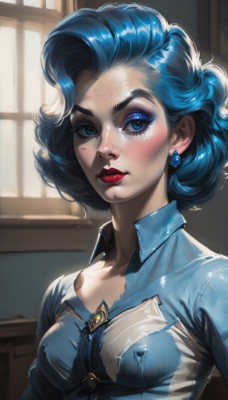 1girl,solo,breasts,looking at viewer,blush,short hair,blue eyes,shirt,jewelry,medium breasts,blue hair,collarbone,upper body,earrings,parted lips,shiny,collared shirt,indoors,medium hair,mole,shiny hair,lips,shiny skin,eyelashes,mole under eye,window,makeup,buttons,sunlight,blue shirt,lipstick,brooch,gem,eyeshadow,freckles,nose,red lips,eyeliner,blue gemstone,mascara,small breasts,covered nipples,torn clothes,curly hair