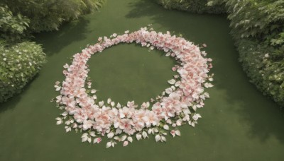 flower,outdoors,day,tree,petals,no humans,shadow,from above,grass,plant,white flower,cherry blossoms,nature,scenery,pink flower,bush,green theme,leaf,road,still life,path