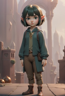 1girl,solo,looking at viewer,short hair,bangs,shirt,long sleeves,closed mouth,green eyes,standing,jacket,full body,boots,outdoors,green hair,open clothes,day,pointy ears,belt,pants,artist name,hood,bag,open jacket,lips,coat,brown footwear,elf,building,child,androgynous,pouch,female child,brown pants,lalafell,black hair,thick eyebrows,backlighting