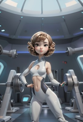 1girl,solo,breasts,looking at viewer,blush,smile,short hair,brown hair,navel,cleavage,bare shoulders,brown eyes,standing,small breasts,parted lips,detached sleeves,midriff,indoors,lips,hand on hip,clothing cutout,bodysuit,cleavage cutout,skin tight,science fiction,curly hair,medium breasts,cameltoe,white bodysuit,gym