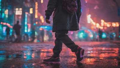 solo, long sleeves, 1boy, jacket, outdoors, shoes, pants, bag, blurry, black jacket, night, depth of field, blurry background, black pants, backpack, sneakers, walking, city, road, city lights, neon lights