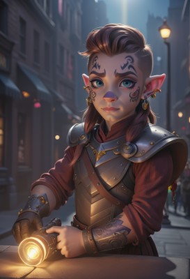 1girl,solo,long hair,looking at viewer,smile,blue eyes,brown hair,jewelry,closed mouth,upper body,braid,earrings,outdoors,pointy ears,artist name,armor,blurry,lips,tattoo,night,blurry background,facial mark,piercing,elf,shoulder armor,gauntlets,red shirt,ear piercing,freckles,pauldrons,breastplate,city,arm tattoo,facepaint,facial tattoo,lamppost,eyebrow cut,gloves,holding,undercut,mohawk