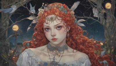 1girl,solo,long hair,looking at viewer,blue eyes,hair ornament,dress,jewelry,closed mouth,collarbone,upper body,flower,red hair,earrings,outdoors,sky,choker,hair flower,necklace,white dress,mole,tree,lips,grey eyes,night,bird,leaf,wavy hair,moon,feathers,gem,portrait,star (sky),night sky,full moon,starry sky,freckles,curly hair,circlet,red lips,head wreath,lamppost,bare tree,bare shoulders,orange hair,makeup,facial mark,realistic