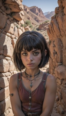 1girl,solo,breasts,looking at viewer,short hair,bangs,brown hair,shirt,black hair,bare shoulders,brown eyes,jewelry,collarbone,upper body,earrings,small breasts,outdoors,parted lips,sky,sleeveless,day,belt,artist name,blunt bangs,necklace,mole,blue sky,lips,mole under eye,tattoo,bob cut,tank top,red shirt,armlet,pendant,freckles,rock,realistic,mountain,dirty