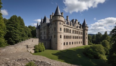 outdoors,sky,day,cloud,tree,blue sky,no humans,cloudy sky,grass,building,nature,scenery,forest,road,bush,castle,tower,landscape,path,fantasy