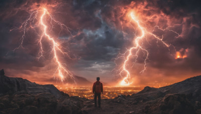 solo, 1boy, male focus, outdoors, sky, cloud, from behind, dutch angle, cloudy sky, scenery, lightning