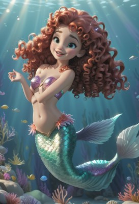 1girl,solo,long hair,breasts,looking at viewer,blush,smile,open mouth,blue eyes,brown hair,navel,bare shoulders,green eyes,swimsuit,full body,bikini,red hair,small breasts,parted lips,teeth,artist name,aqua eyes,lips,strapless,wavy hair,sunlight,monster girl,fish,bubble,curly hair,light rays,underwater,scales,air bubble,mermaid,sunbeam,shell,coral,shell bikini,hair ornament