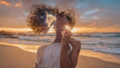 1girl,solo,black hair,dress,bare shoulders,upper body,outdoors,sky,sleeveless,cloud,hand up,dark skin,water,from behind,white dress,dark-skinned female,tree,lips,ocean,watermark,beach,sunlight,cloudy sky,curly hair,sunset,realistic,sand,horizon,waves,very dark skin,shore,short hair,shirt,1boy,white shirt,male focus,hair bun,see-through,single hair bun