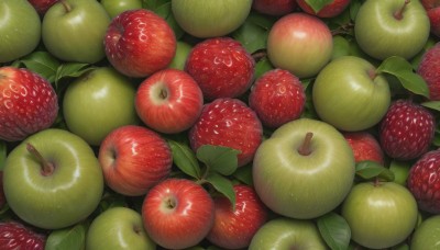 food,no humans,fruit,leaf,realistic,apple,food focus,still life,simple background,shiny,signature,scenery,strawberry,cherry