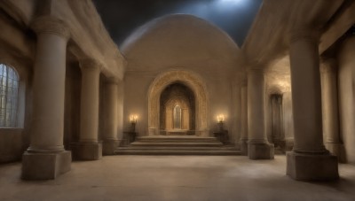 HQ,sky,indoors,no humans,window,night,moon,scenery,stairs,door,light,candle,architecture,pillar,church,arch,column,fire,statue,torch,candlestand