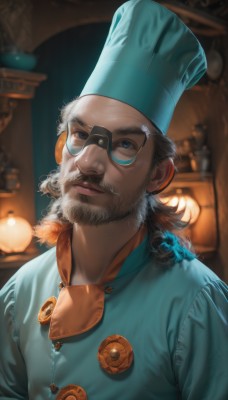 solo,looking at viewer,blue eyes,brown hair,1boy,hat,closed mouth,upper body,white hair,male focus,indoors,signature,blurry,buttons,blurry background,facial hair,beard,realistic,nose,mustache,manly,monocle,chef hat,chef,shirt,glasses,artist name,lips,cosplay,depth of field,blue headwear,curly hair,light,lamp,light bulb