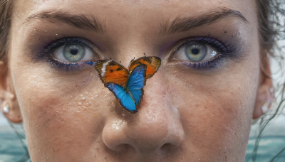 solo, looking at viewer, brown hair, 1boy, jewelry, green eyes, male focus, earrings, mole, eyelashes, mole under eye, piercing, bug, butterfly, portrait, close-up, freckles, realistic, eye focus, mole on cheek