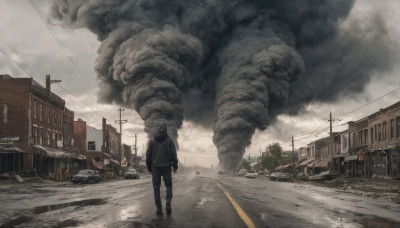 solo, 1boy, jacket, outdoors, sky, pants, cloud, hood, from behind, tree, hoodie, cloudy sky, ground vehicle, building, scenery, motor vehicle, smoke, car, road, house, power lines, street, utility pole, destruction, truck