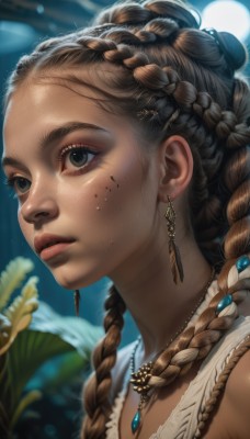 1girl,solo,long hair,brown hair,hair ornament,jewelry,upper body,braid,flower,earrings,parted lips,artist name,dark skin,necklace,blurry,twin braids,dark-skinned female,lips,grey eyes,eyelashes,depth of field,blurry background,feathers,portrait,close-up,freckles,realistic,nose,tooth necklace,multiple braids,black hair,brown eyes,outdoors,black eyes,night,moon,full moon,facepaint,dreadlocks