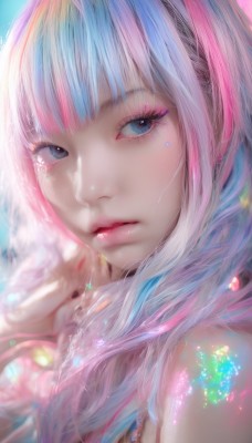 1girl,solo,long hair,looking at viewer,bangs,blue eyes,bare shoulders,closed mouth,blue hair,upper body,pink hair,multicolored hair,blunt bangs,nail polish,blurry,lips,eyelashes,makeup,lipstick,portrait,close-up,eyeshadow,pink lips,realistic,nose,red lips,mascara,jewelry,white hair,necklace,streaked hair,looking to the side,sparkle,light particles