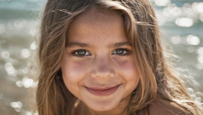 1girl,solo,long hair,looking at viewer,smile,blonde hair,brown hair,brown eyes,closed mouth,blurry,lips,depth of field,blurry background,portrait,close-up,forehead,freckles,realistic,nose,bokeh,eyelashes