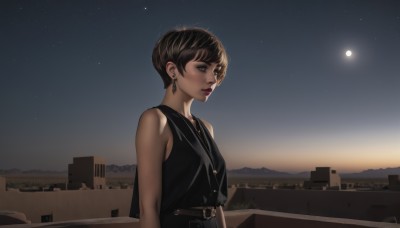 1girl,solo,short hair,brown hair,dress,bare shoulders,brown eyes,jewelry,upper body,earrings,outdoors,sky,sleeveless,belt,necklace,lips,makeup,night,looking away,moon,lipstick,star (sky),night sky,full moon,starry sky,nose,breasts,black hair,signature,black dress,sleeveless dress,scenery,buckle,cityscape