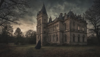 solo,1boy,standing,outdoors,sky,cloud,from behind,cape,tree,cloudy sky,grass,building,scenery,cloak,house,bare tree,castle,black cloak,grey sky,church,window,architecture,tower