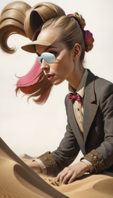 1girl,solo,long hair,open mouth,blonde hair,simple background,shirt,long sleeves,hat,white background,bow,jewelry,jacket,closed eyes,white shirt,upper body,ponytail,multicolored hair,earrings,parted lips,glasses,teeth,collared shirt,artist name,signature,bowtie,vest,red bow,lips,watermark,formal,suit,instrument,red bowtie,realistic,nose,round eyewear,music,brown headwear,stud earrings,playing instrument,traditional bowtie,piano,twintails,pink hair,sunglasses,tuxedo