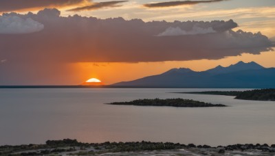 outdoors,sky,cloud,water,tree,no humans,ocean,beach,sunlight,cloudy sky,nature,scenery,forest,sunset,mountain,sun,horizon,landscape,mountainous horizon,lake,shore,orange sky,bird,reflection,hill