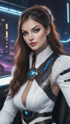 1girl,solo,long hair,breasts,looking at viewer,brown hair,cleavage,jewelry,medium breasts,closed mouth,upper body,earrings,cape,lips,grey eyes,fur trim,makeup,lipstick,forehead,red lips,blue eyes,belt,artist name,eyeshadow,fur collar,realistic,nose