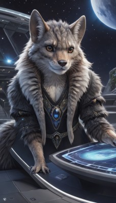 solo,looking at viewer,brown eyes,jewelry,sky,necklace,fur trim,no humans,animal,moon,cat,gem,star (sky),pendant,starry sky,science fiction,space,animal focus,planet,whiskers,earth (planet),yellow eyes,artist name,signature,night,watermark,brooch,night sky,claws,full moon,realistic,wolf