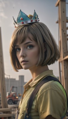 1girl,solo,looking at viewer,short hair,bangs,blue eyes,blonde hair,brown hair,shirt,jewelry,closed mouth,upper body,short sleeves,earrings,outdoors,day,collared shirt,blurry,lips,grey eyes,depth of field,blurry background,bob cut,suspenders,crown,ground vehicle,building,motor vehicle,freckles,yellow shirt,realistic,nose,car,overalls,sky,artist name,from side,green shirt