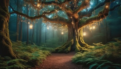 outdoors,tree,no humans,night,grass,plant,nature,scenery,forest,lantern,fantasy,light,road,dark,path,glowing,leaf,rope,moss