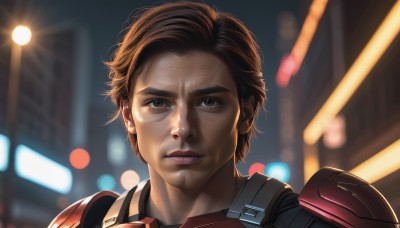 solo,looking at viewer,short hair,brown hair,1boy,brown eyes,closed mouth,upper body,male focus,armor,blurry,night,depth of field,blurry background,building,portrait,freckles,science fiction,realistic,power armor,lips,facial hair,close-up,lens flare,stubble,light,lights